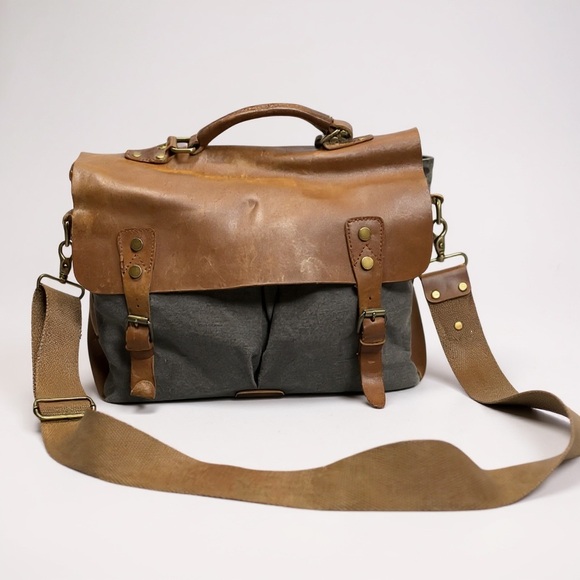 Unbranded Other - Mens Waxed Canvas Leather Messenger Bag Gray Brown Briefcase Satchel Crossbody